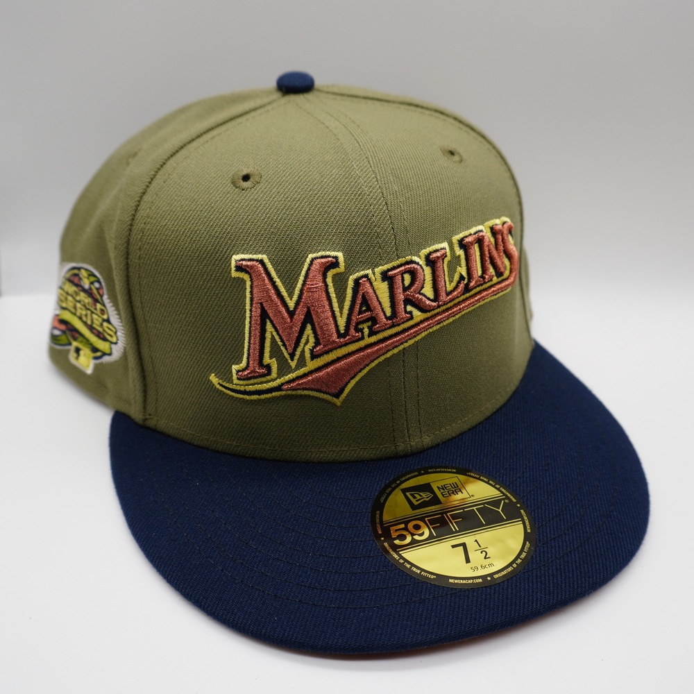 New Era 59FIFTY Florida Marlins Hat Mens 7 1/2 Olive Navy 2003 World Series VTG